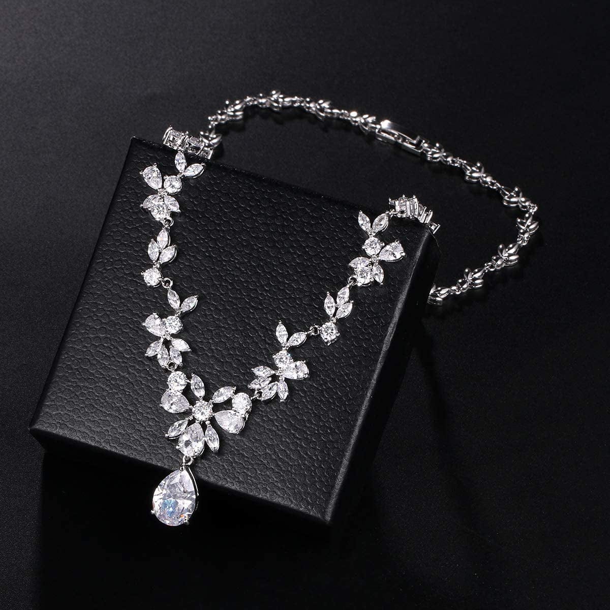 Weimanjewelry Women Cubic Zirconia Marquise Teardrop Bridal Necklace and Dangling Earring Jewelry Set for Wedding