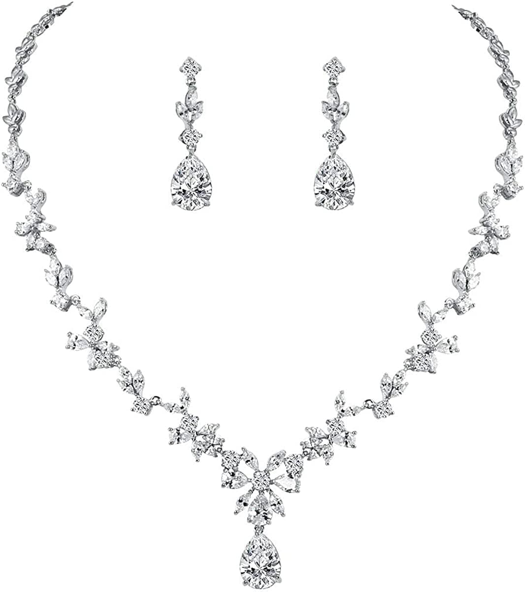 Weimanjewelry Women Cubic Zirconia Marquise Teardrop Bridal Necklace and Dangling Earring Jewelry Set for Wedding Silver