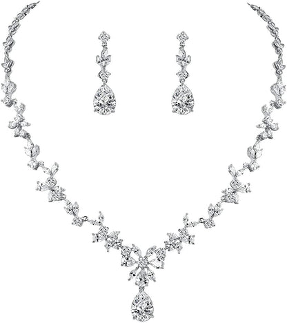Weimanjewelry Women Cubic Zirconia Marquise Teardrop Bridal Necklace and Dangling Earring Jewelry Set for Wedding Silver