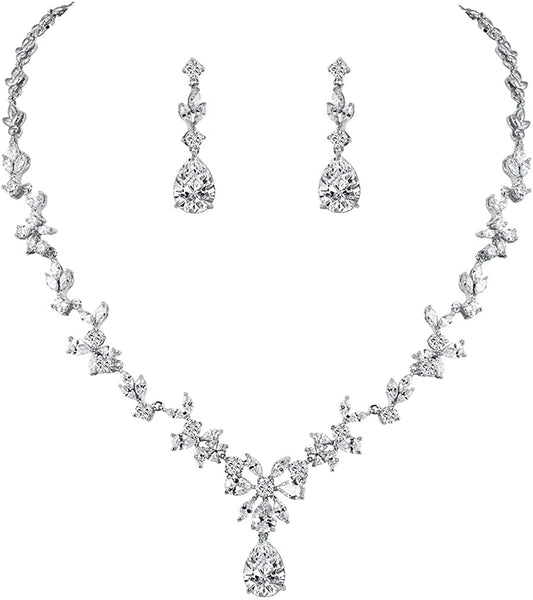 Weimanjewelry Women Cubic Zirconia Marquise Teardrop Bridal Necklace and Dangling Earring Jewelry Set for Wedding Silver