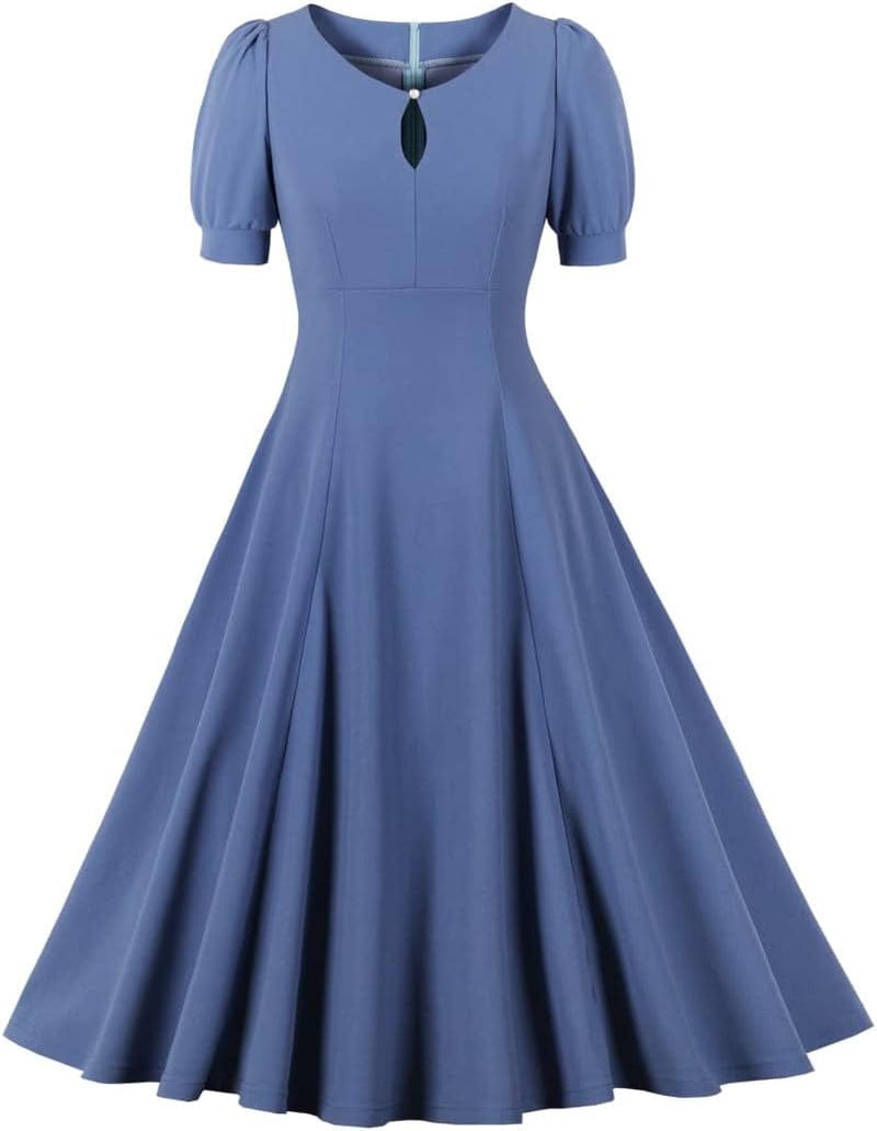 Wellwits Women'S Bubble Sleeve Keyhole Front 1940S Cocktail Formal Vintage Dress Retro Blue / 12-14