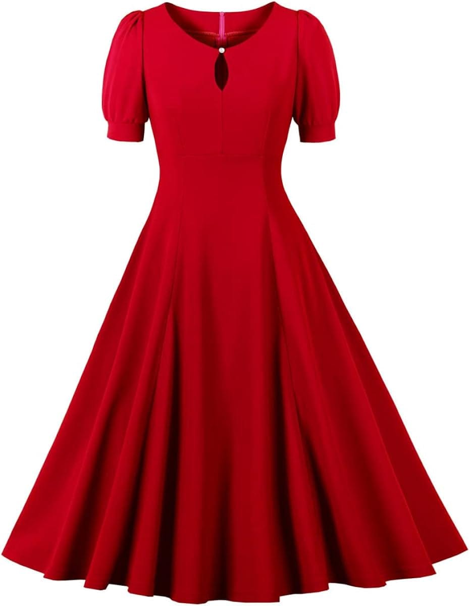 Wellwits Women'S Bubble Sleeve Keyhole Front 1940S Cocktail Formal Vintage Dress Red / 8-10