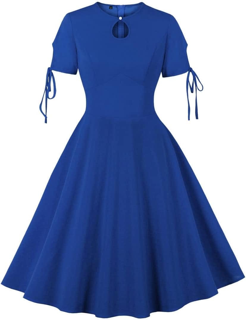 Wellwits Women'S Bubble Sleeve Keyhole Front 1940S Cocktail Formal Vintage Dress Tie Blue / 12-14