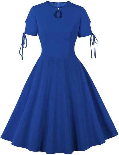 Wellwits Women'S Bubble Sleeve Keyhole Front 1940S Cocktail Formal Vintage Dress Tie Blue / 12-14