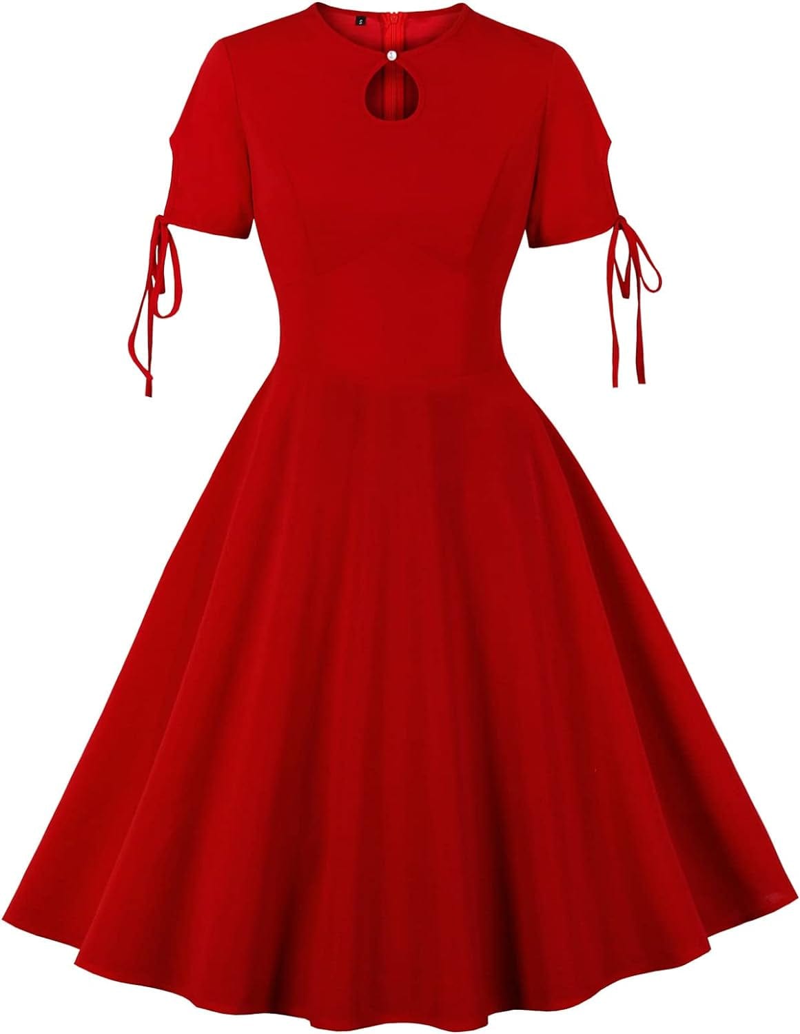 Wellwits Women'S Bubble Sleeve Keyhole Front 1940S Cocktail Formal Vintage Dress Tie Red / 2-4