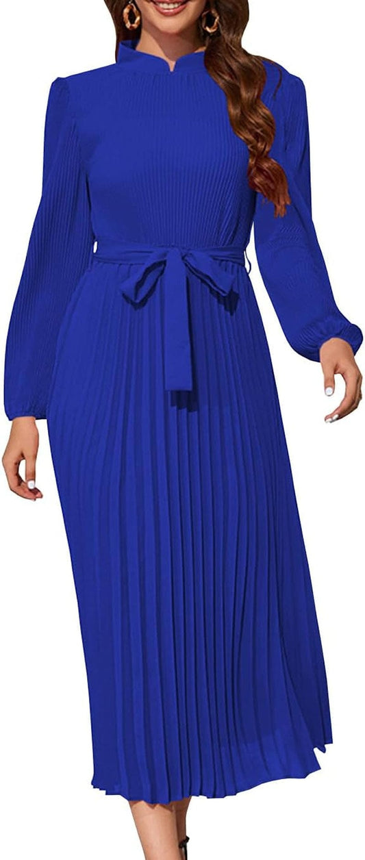 Wellwits Women'S Sleeved Mandarin Collar Pleated Cocktail Formal Long Dress