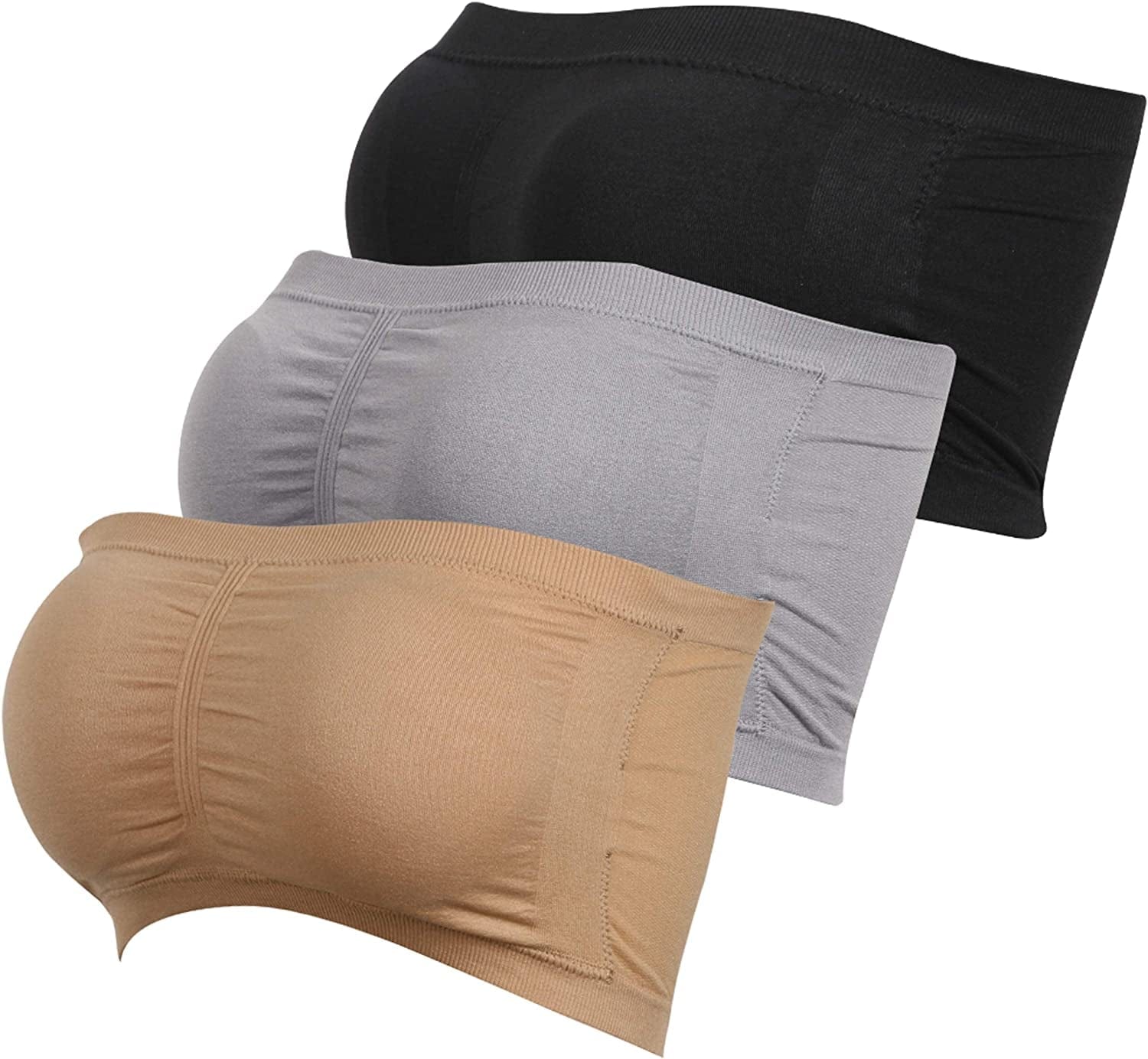 Wemeweme Padded Bandeau Tube Top Bra Strapless Bralette Soft Bra for Women Size S-XXXL,3 Pack Blackx1/Beigex1/Greyx1 / Small