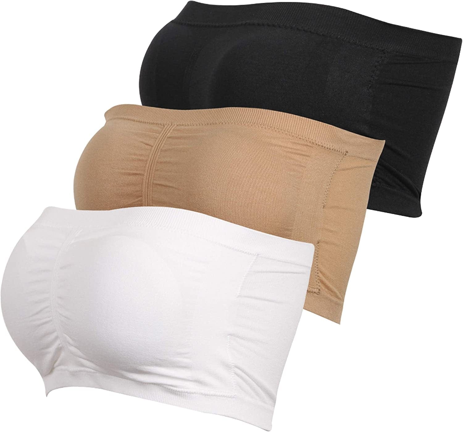 Wemeweme Padded Bandeau Tube Top Bra Strapless Bralette Soft Bra for Women Size S-XXXL,3 Pack Blackx1/Beigex1/Whitex1 / Small