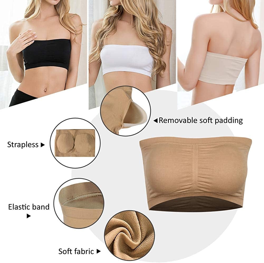 Wemeweme Padded Bandeau Tube Top Bra Strapless Bralette Soft Bra for Women Size S-XXXL,3 Pack