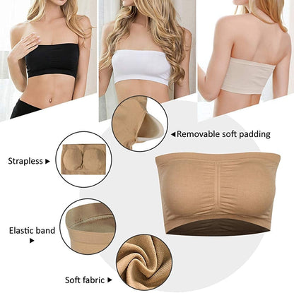 Wemeweme Padded Bandeau Tube Top Bra Strapless Bralette Soft Bra for Women Size S-XXXL,3 Pack