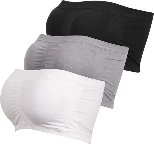Wemeweme Padded Bandeau Tube Top Bra Strapless Bralette Soft Bra for Women Size S-XXXL,3 Pack Black*1+white*1+grey*1 / 3X-Large