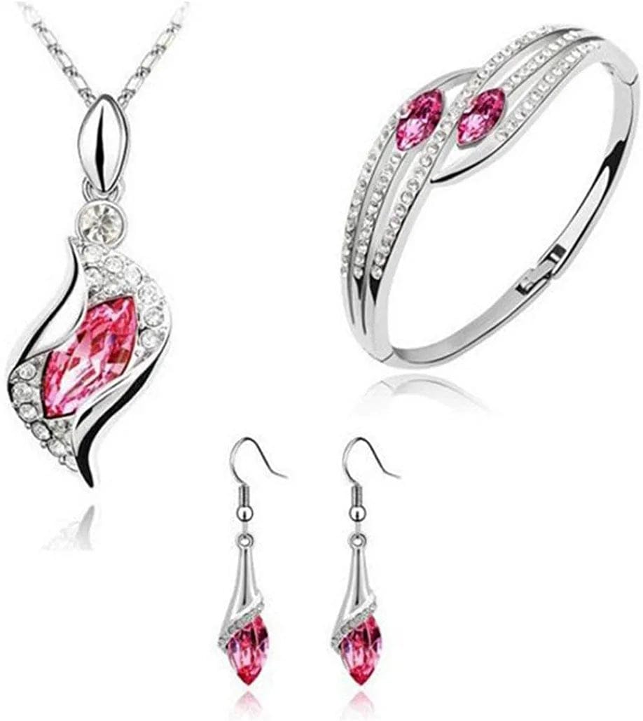 Wensltd Clearance! 3Pcs Fashion Jewelry Set Crystal Chic Eyes Drop Earrings Necklace Bracelet DIY Hot Pink
