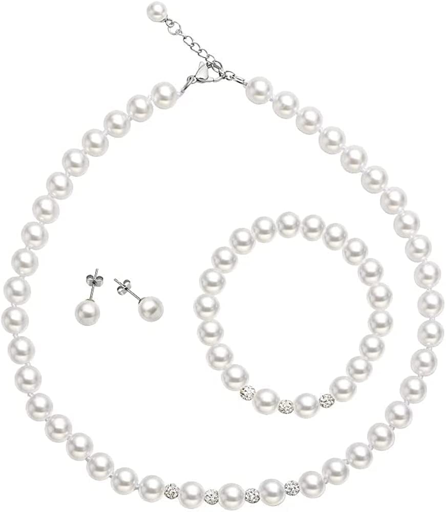 White 8Mm Glass Pearls Necklace Bracelet Earring Jewelry 3 Set Wholesale for Women Little Girls 18inch