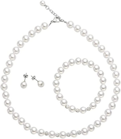 White 8Mm Glass Pearls Necklace Bracelet Earring Jewelry 3 Set Wholesale for Women Little Girls 18inch