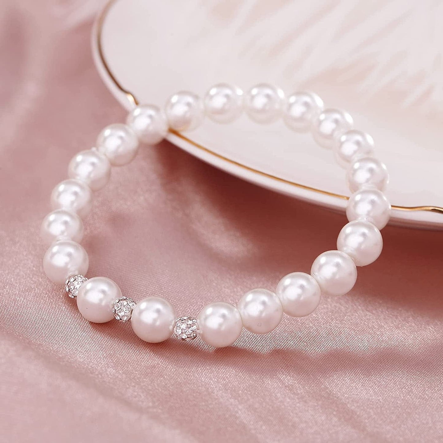 White 8Mm Glass Pearls Necklace Bracelet Earring Jewelry 3 Set Wholesale for Women Little Girls