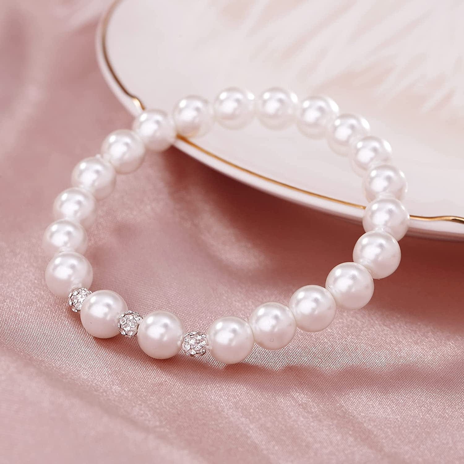 White 8Mm Glass Pearls Necklace Bracelet Earring Jewelry 3 Set Wholesale for Women Little Girls