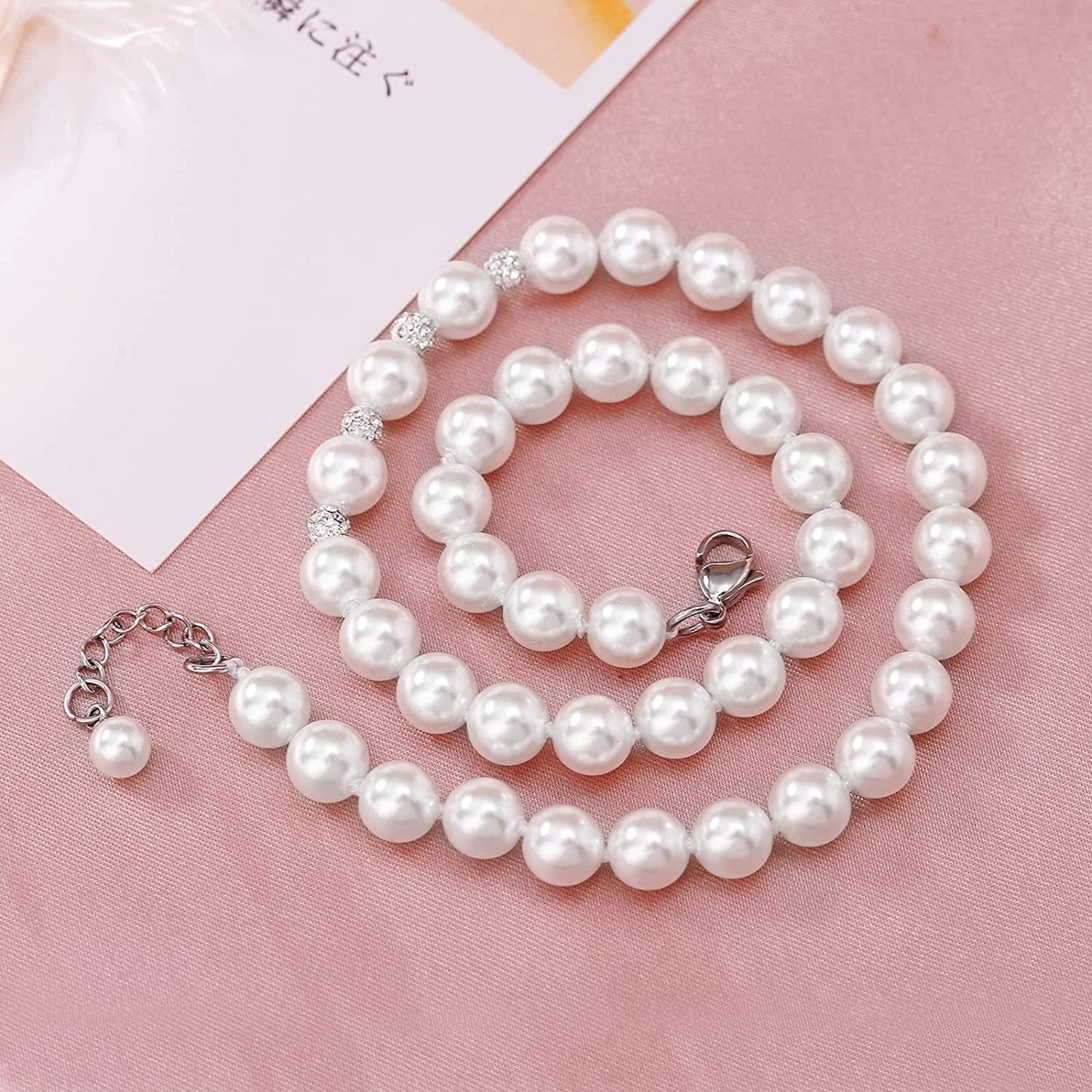 White 8Mm Glass Pearls Necklace Bracelet Earring Jewelry 3 Set Wholesale for Women Little Girls