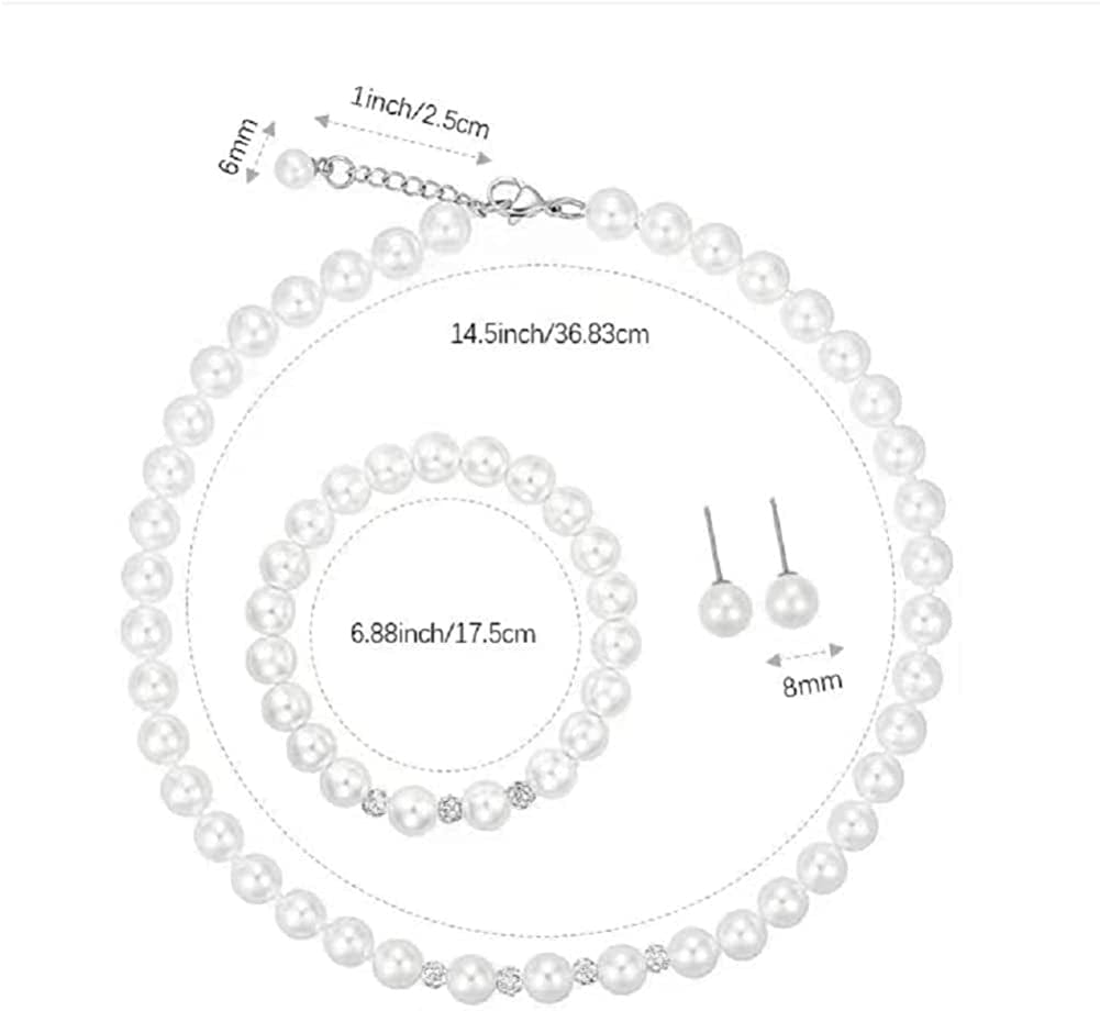 White 8Mm Glass Pearls Necklace Bracelet Earring Jewelry 3 Set Wholesale for Women Little Girls