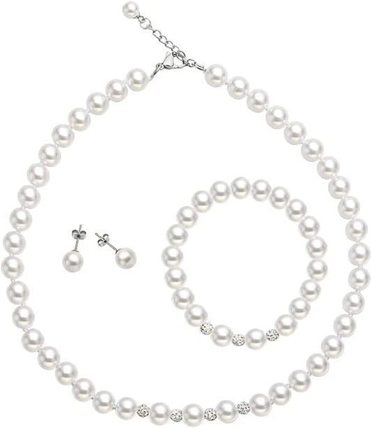 White 8Mm Glass Pearls Necklace Bracelet Earring Jewelry 3 Set Wholesale for Women Little Girls 16inch