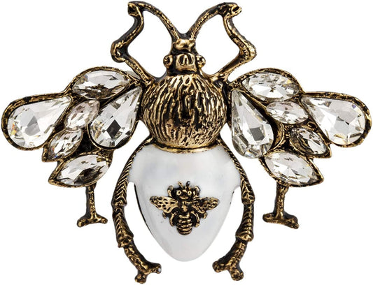 White and Matte Gold Bee with Swarovski Champagne Stone Multicolour Owl Brooch