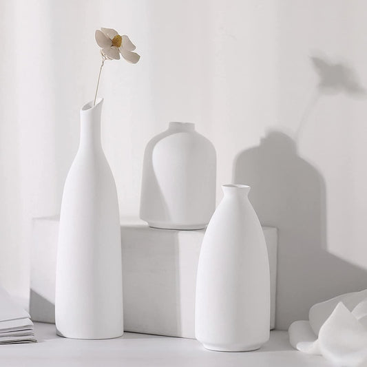 White Ceramic Vase for Decor, Small Flower Vases Set - 3 for Modern Rustic Farmhouse, Decorative Vase for Pampas Grass & Dried Flowers, Idea Bookshelf Décor, Dining Table Decor White
