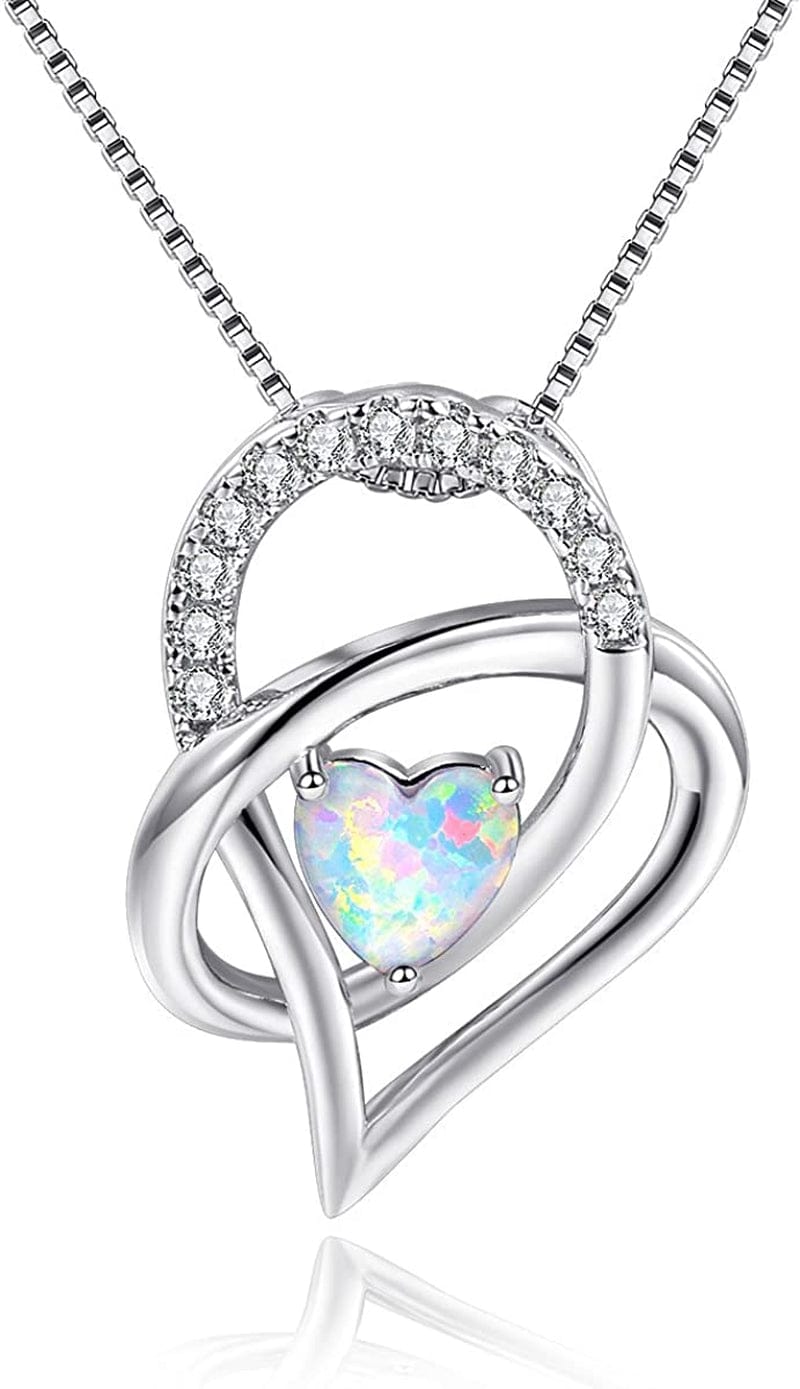White Fire Opal Pendant Necklace for Women Gemstone Birthstone Jewelry Gifts for Girls … E-Knot heart necklace-white gold plated