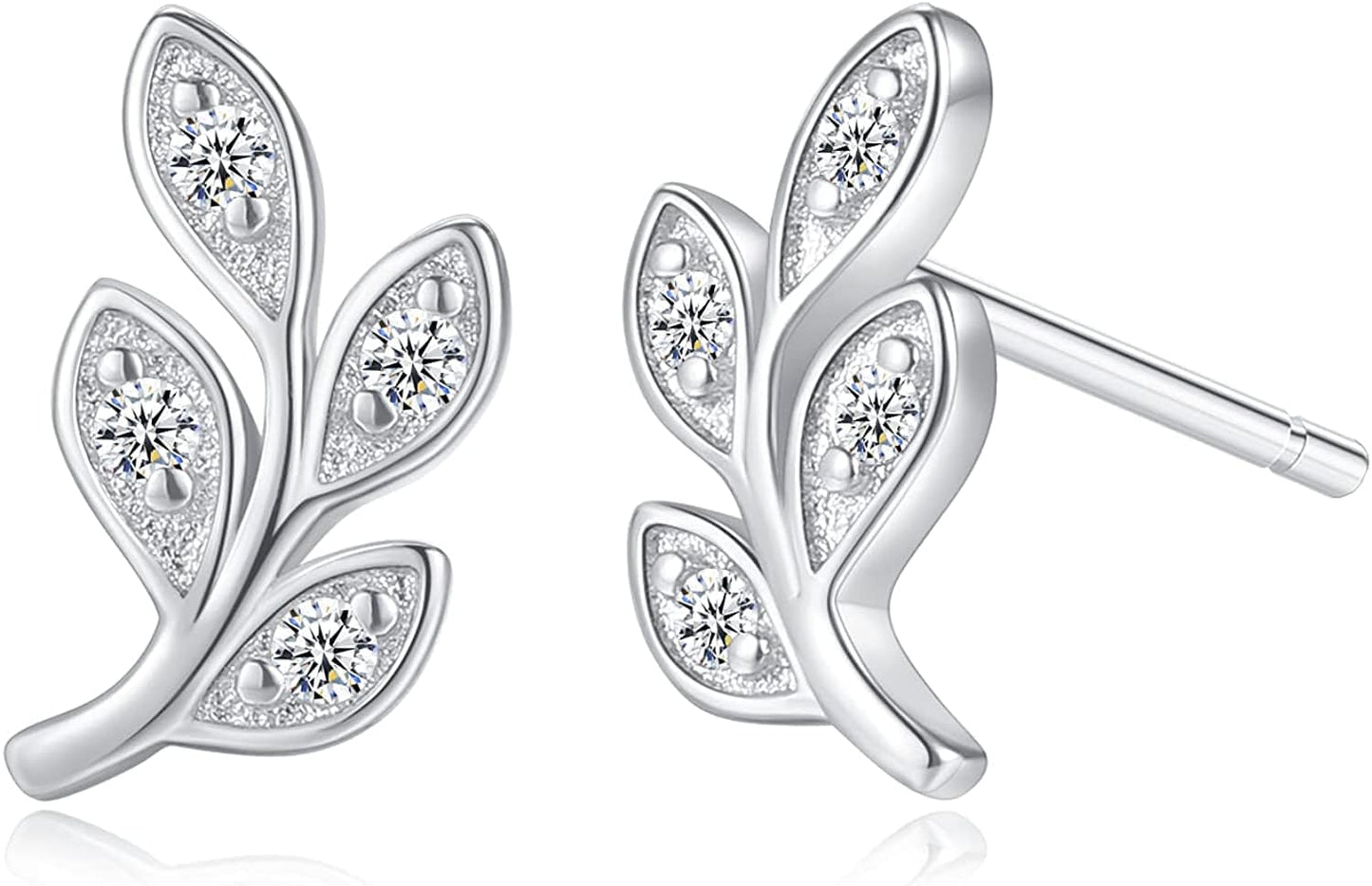White Gold & Yellow Gold & Rose Gold Plated Rose Flower Ear Studs | Dainty Magnolia Flower Earring, Leaf Hypoallergenic Earrings for Women LEAF-white