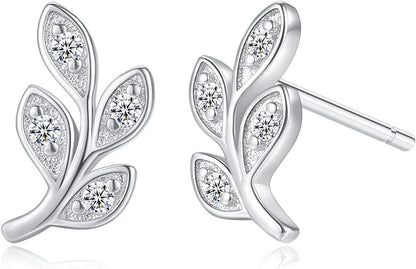 White Gold & Yellow Gold & Rose Gold Plated Rose Flower Ear Studs | Dainty Magnolia Flower Earring, Leaf Hypoallergenic Earrings for Women LEAF-white