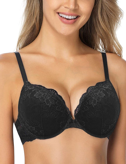 Wingslove Women'S Push up Bra Lace Comfort Padded Bra Add 1 Cup Brassiere Plunge Underwire Bra Lift up Bras Black / 36B