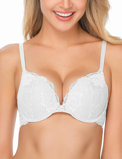 Wingslove Women'S Push up Bra Lace Comfort Padded Bra Add 1 Cup Brassiere Plunge Underwire Bra Lift up Bras White / 36B