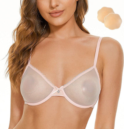 Wingslove Women'S See through Sexy Sheer Bra Unlined Underwire Support Everyday Bra with Silicone Nipple Light Pink / 32D