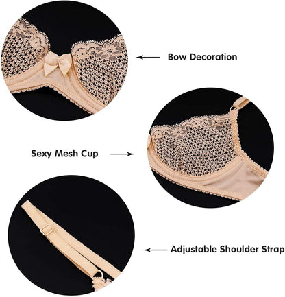 Wingslove Women'S Sexy Lace Bra See through Mesh Unlined Balconette Demi Cup Underwire Non-Padded Lingerie
