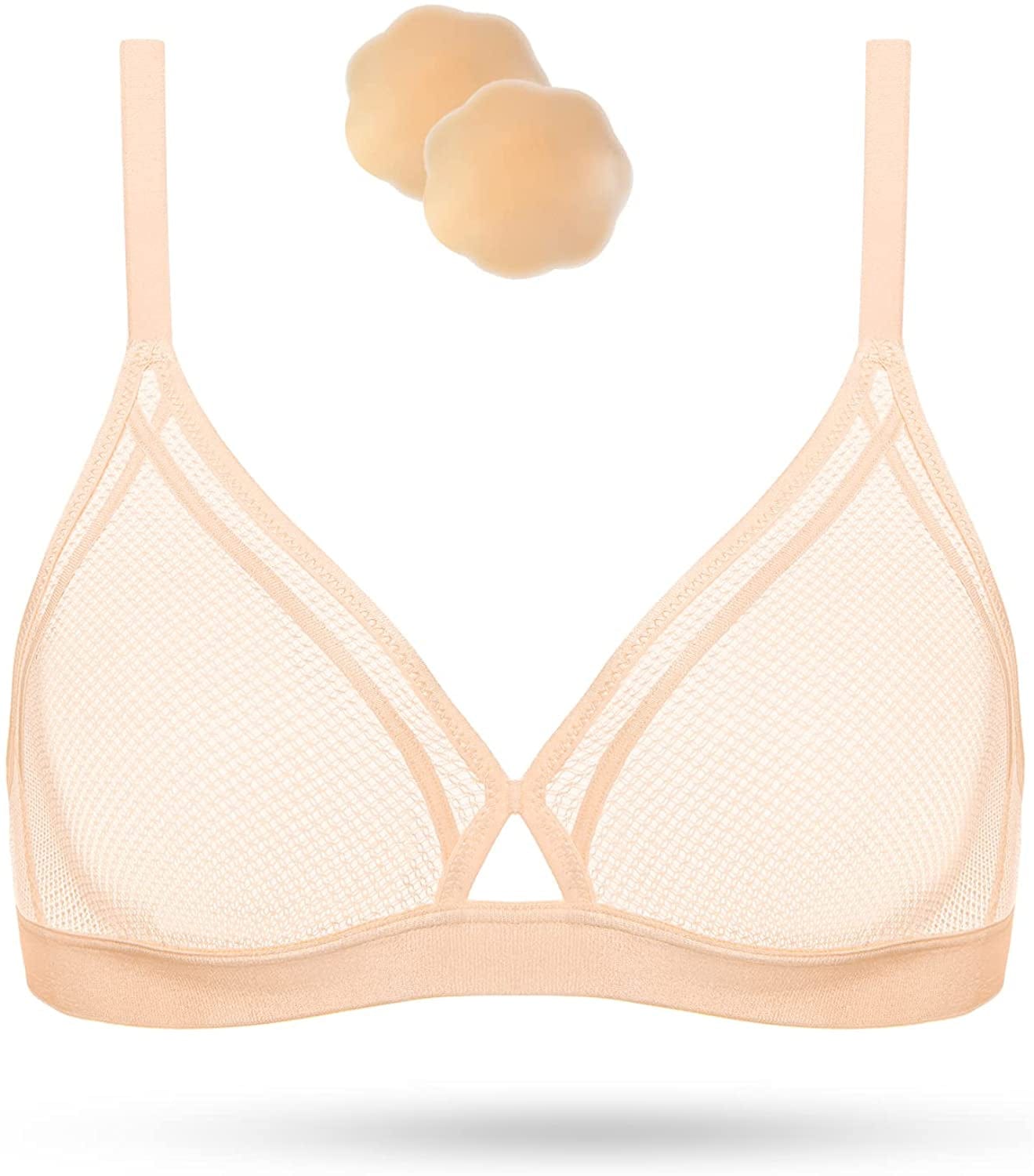 Wingslove Women'S Sexy Lace Bra Sheer Mesh See through Bralette Unlined Wireless Plunge Triangle Transparent Bras Nude / 36C