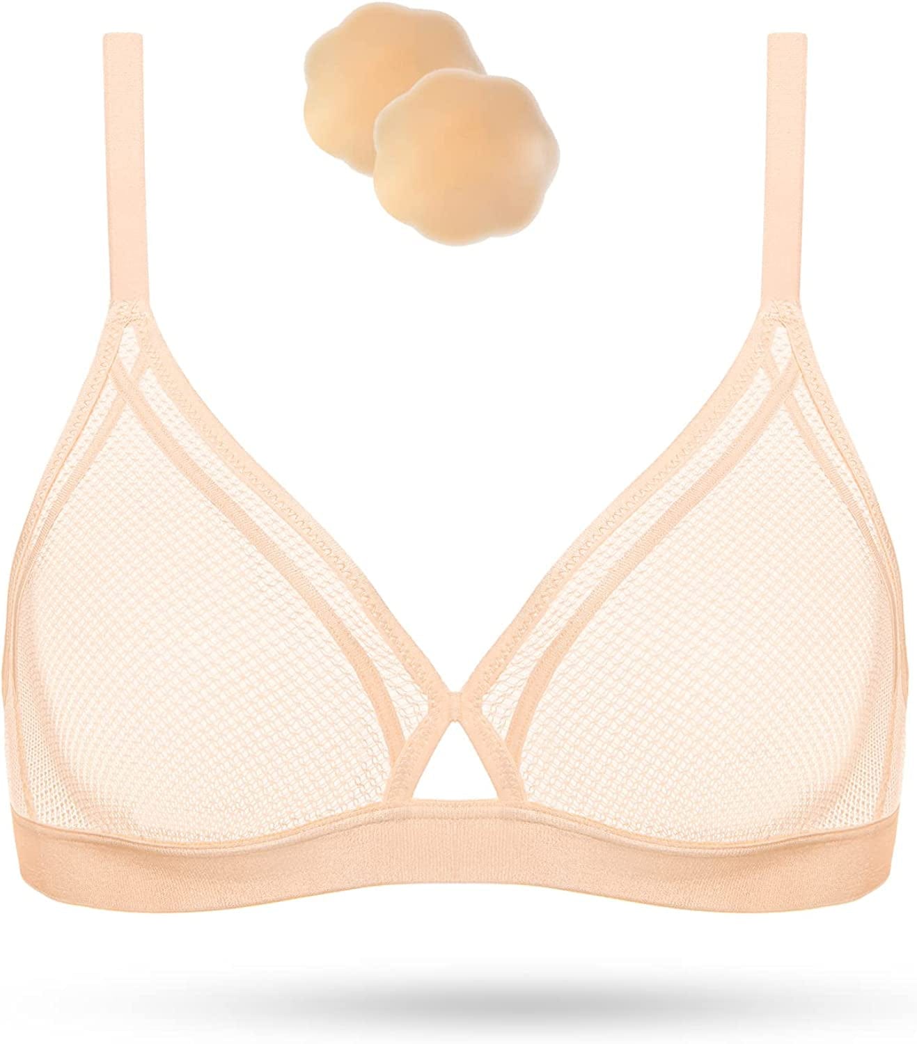 Wingslove Women'S Sexy Lace Bra Sheer Mesh See through Bralette Unlined Wireless Plunge Triangle Transparent Bras Nude / 36A