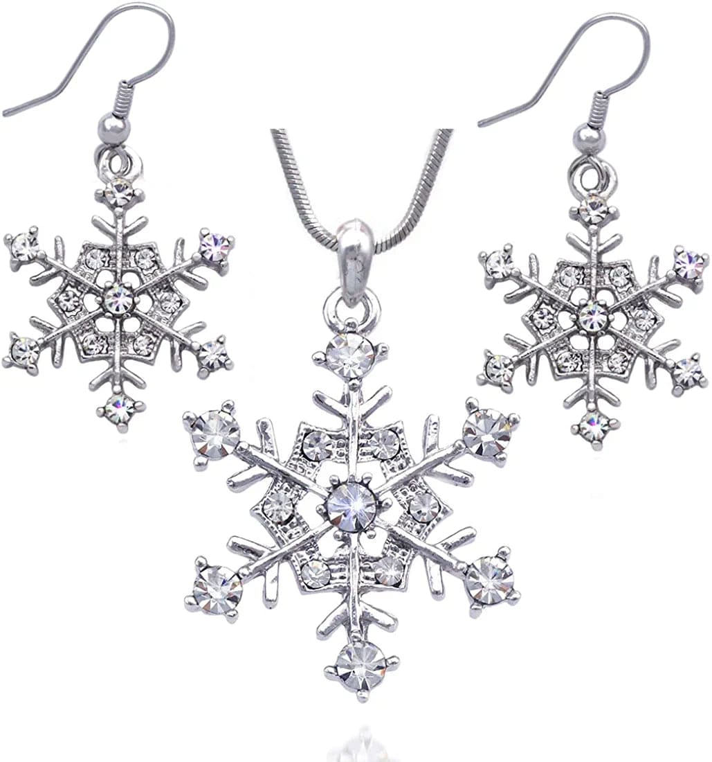Winter Snow Snowflake Wedding Bridesmaid Pendant Necklace Earrings Jewelry Set Clear