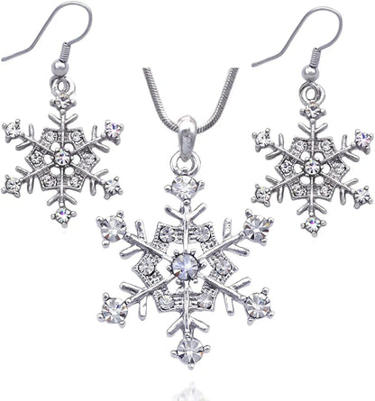 Winter Snow Snowflake Wedding Bridesmaid Pendant Necklace Earrings Jewelry Set Clear