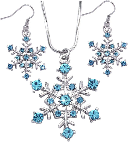 Winter Snow Snowflake Wedding Bridesmaid Pendant Necklace Earrings Jewelry Set Aqua