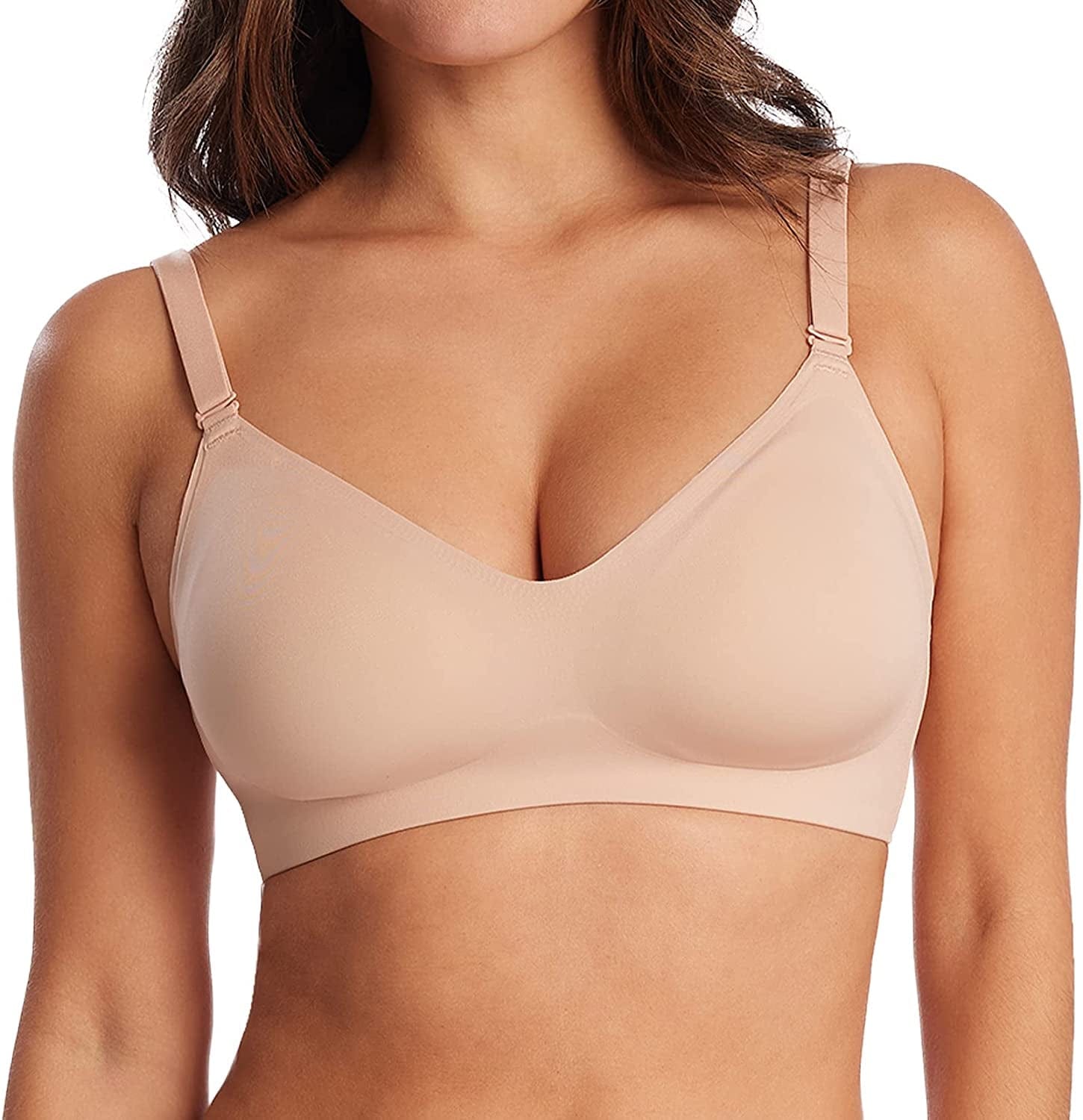Wireless Bra Seamless Bra for Women Ultra Comfort Bra V Neck Adjustable Invisible Bralette YN25 Beige / Small
