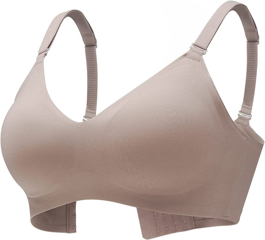 Wireless Bra Seamless Bra for Women Ultra Comfort Bra V Neck Adjustable Invisible Bralette YN25 Brown / X-Large