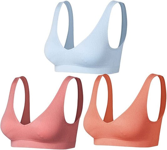 Wireless Bras No Underwire Cami Bras Seamless Wirefree Girls Bras with Removable Pads Orang*blue*rose Tan / Large