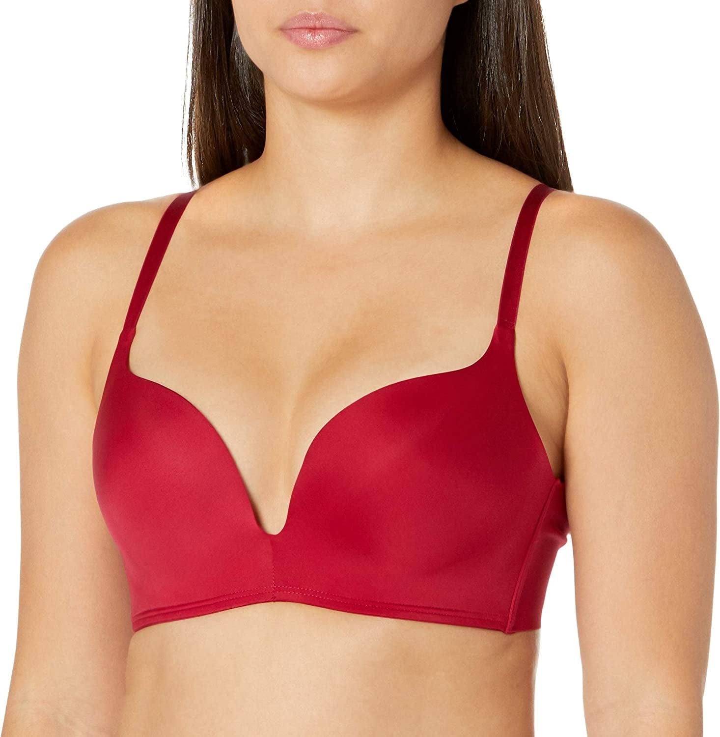 Wireless Push-Up Bra, Wirefree Bra with Demi Plunge, Convertible T-Shirt Bra with Push-Up Cups Armature Red / 32A
