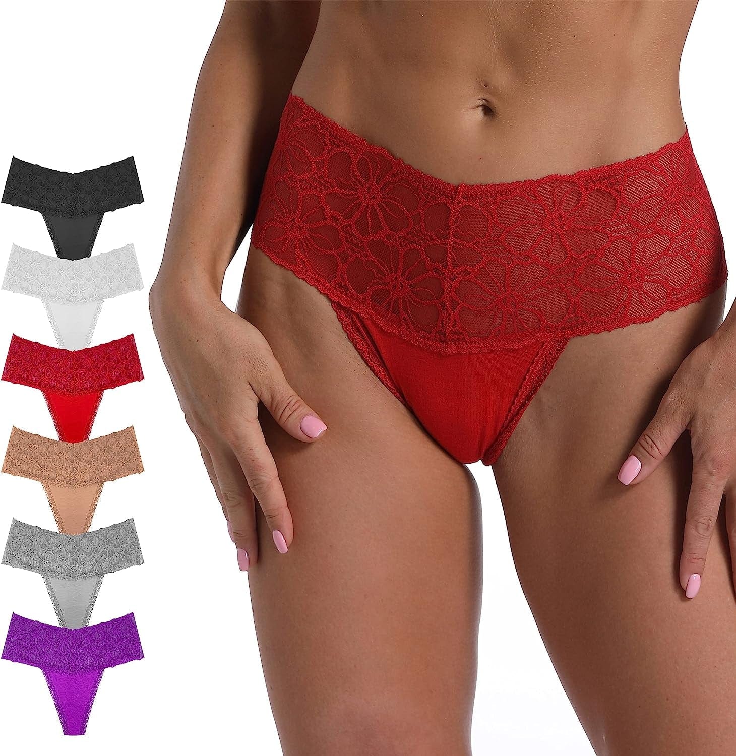 WKFIINM Pack 6 High Waisted Lace Thong for Women Cotton Underwear plus Size High Rise Retro Tummy Control Thongs Panties