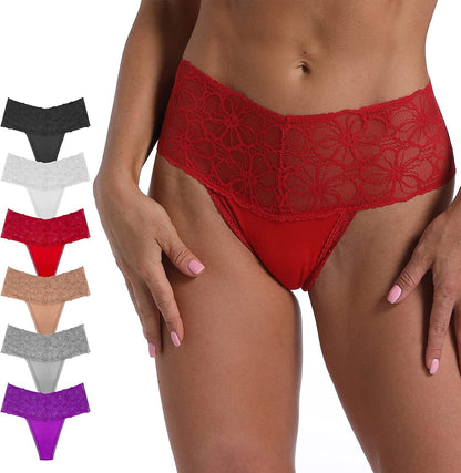 WKFIINM Pack 6 High Waisted Lace Thong for Women Cotton Underwear plus Size High Rise Retro Tummy Control Thongs Panties
