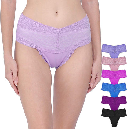 WKFIINM Pack 6 High Waisted Lace Thong for Women Cotton Underwear plus Size High Rise Retro Tummy Control Thongs Panties