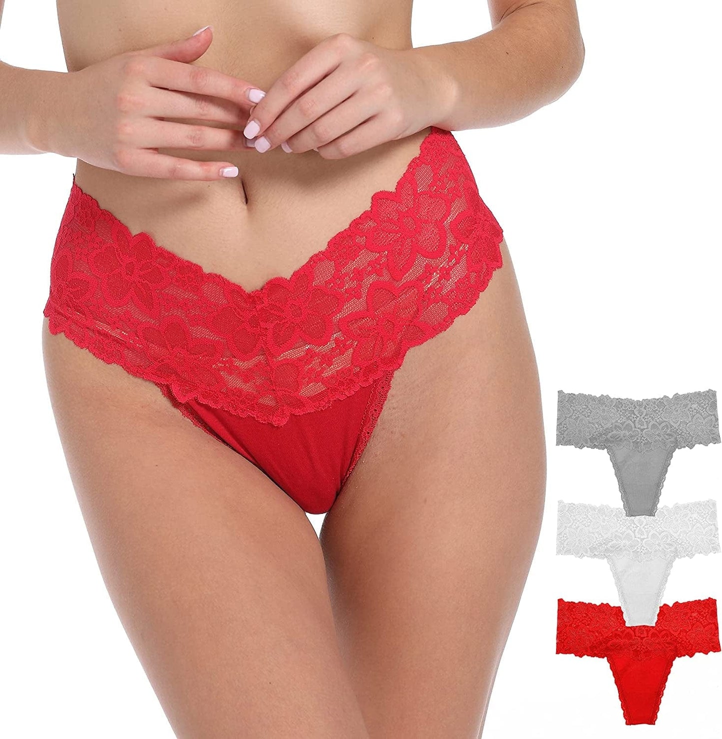 WKFIINM Pack 6 High Waisted Lace Thong for Women Cotton Underwear plus Size High Rise Retro Tummy Control Thongs Panties
