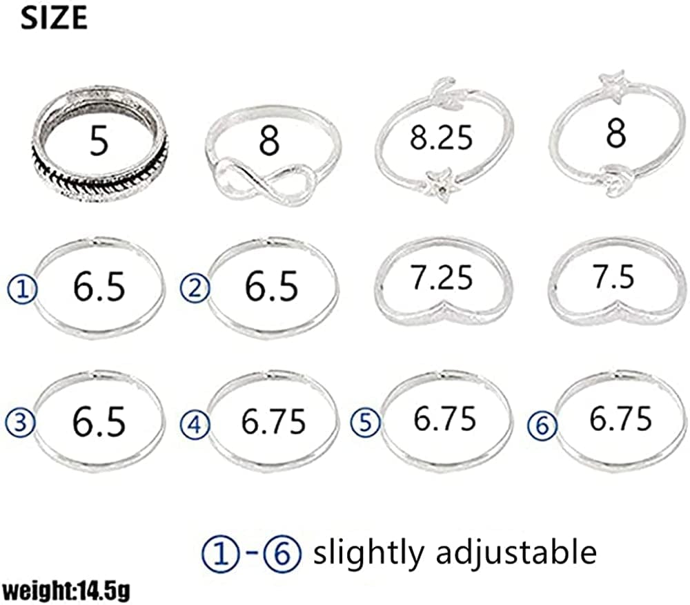 Women 12Pcs Rings Silver Rings for Teen Girls Women Ring Set Rings Size 5 6 7 8
