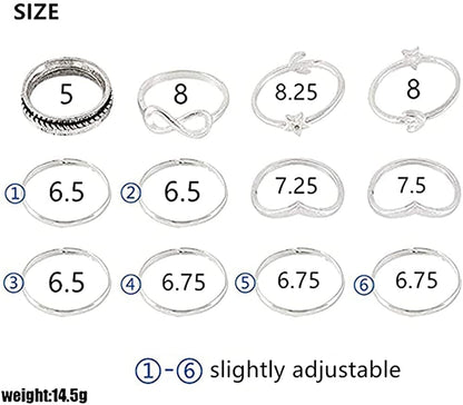 Women 12Pcs Rings Silver Rings for Teen Girls Women Ring Set Rings Size 5 6 7 8