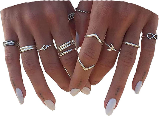 Women 12Pcs Rings Silver Rings for Teen Girls Women Ring Set Rings Size 5 6 7 8