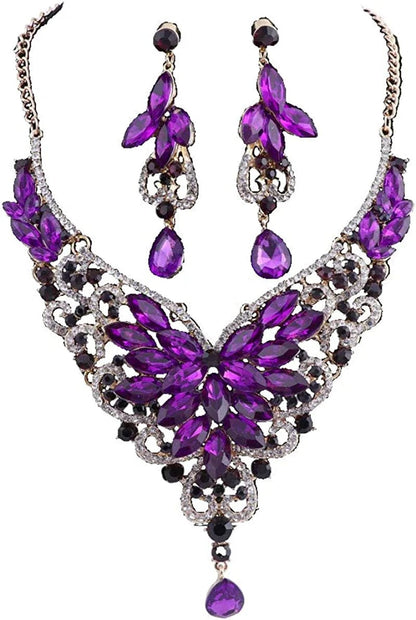 Women 18K Gold Plated Rhinestone Crystal Pendant Necklace Earring Bridal Party Jewelry Sets Purple