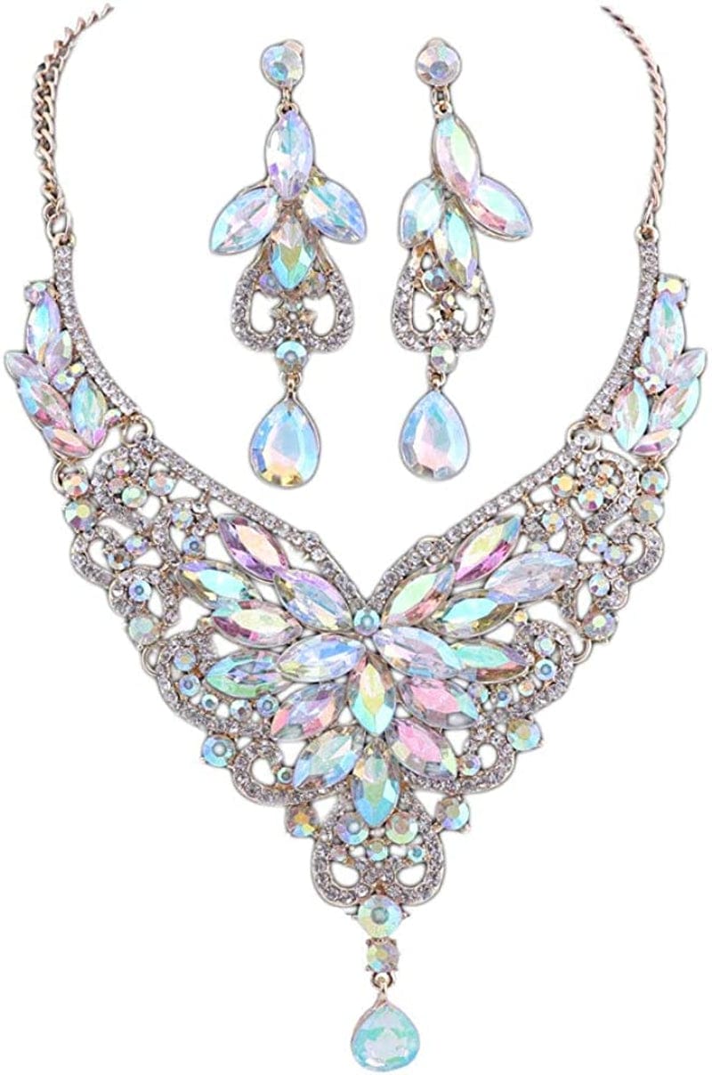 Women 18K Gold Plated Rhinestone Crystal Pendant Necklace Earring Bridal Party Jewelry Sets Gold AB